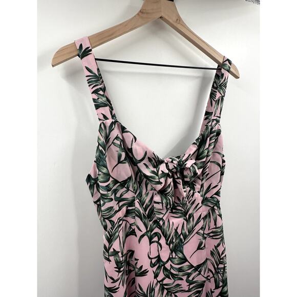 La Paz Pink and Green Leaf Print Tie-Front Midi Dress Size Medium Wedding Guest - Picture 3 of 10